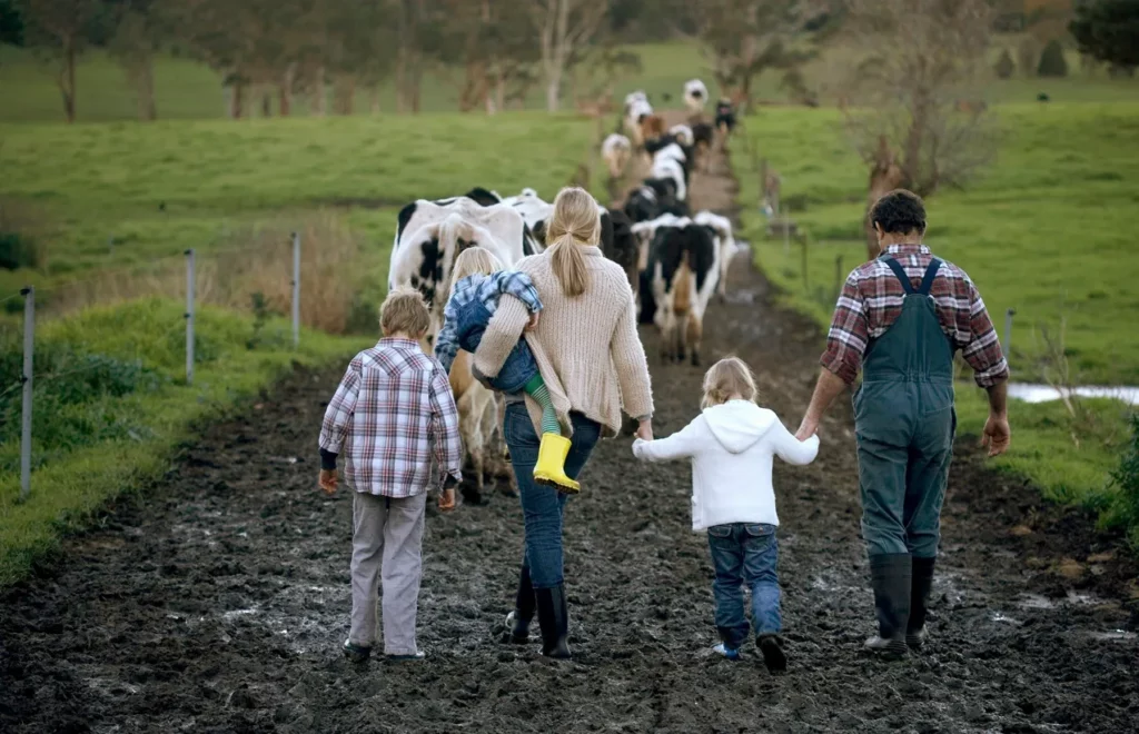 family walking on farm